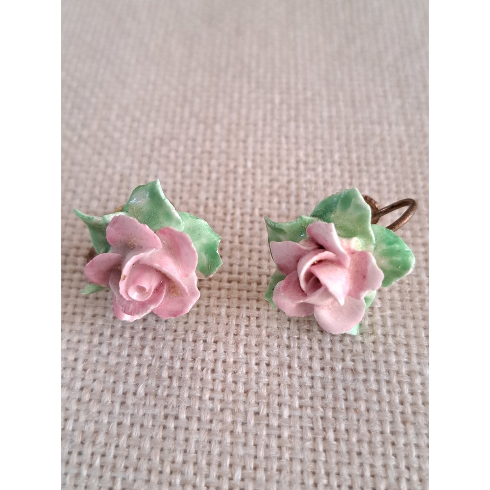 Vintage Hand Painted Porcelain Pink Rose Screw Back Earrings Gold Tone Floral
